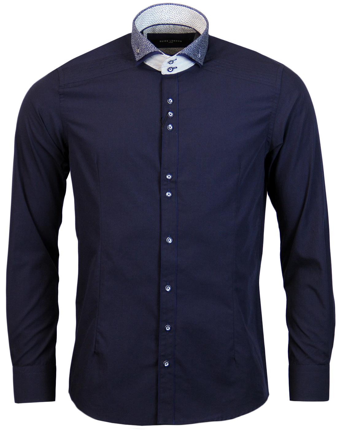 GUIDE LONDON Retro Mod Patterned Double Collar Shirt in Navy