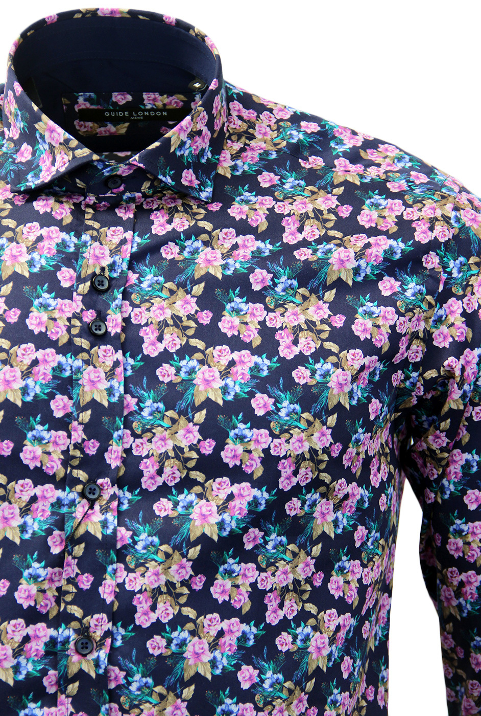 GUIDE LONDON Retro Sixties Mod Mens Floral Shirt in Navy