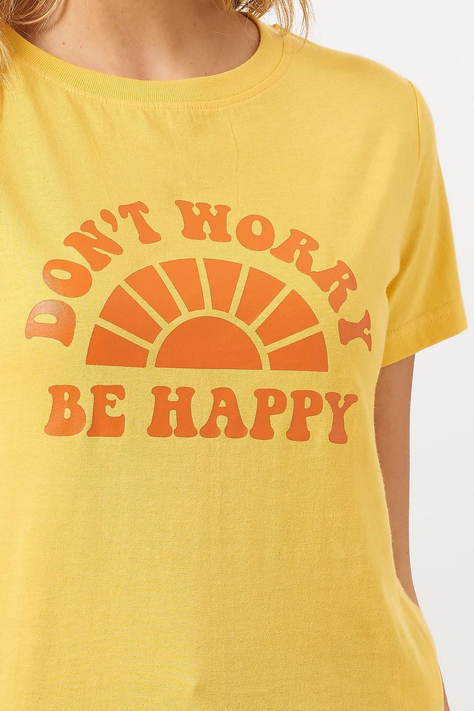 Close-up of 'Don't Worry, Be Happy' tee from Sugarhill Brighton