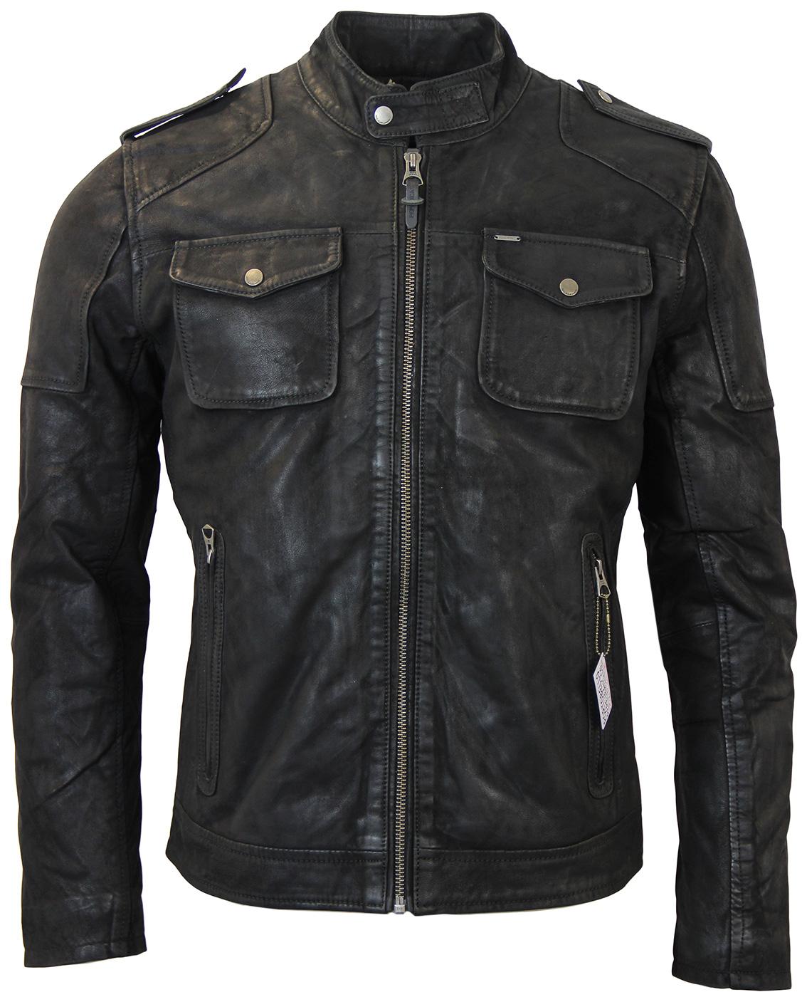 PEPE JEANS Retro 1970s Indie Leather Cafe Racer Jacket in Black