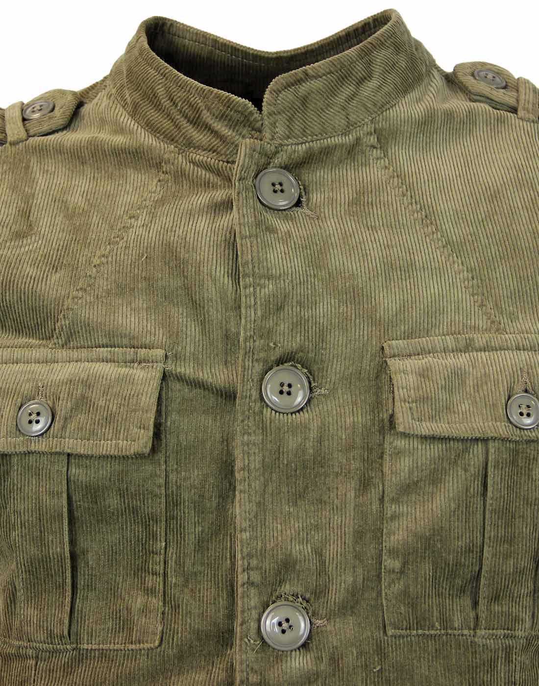 PRETTY GREEN Lennon Retro Indie Mod Military Cord Jacket Khaki