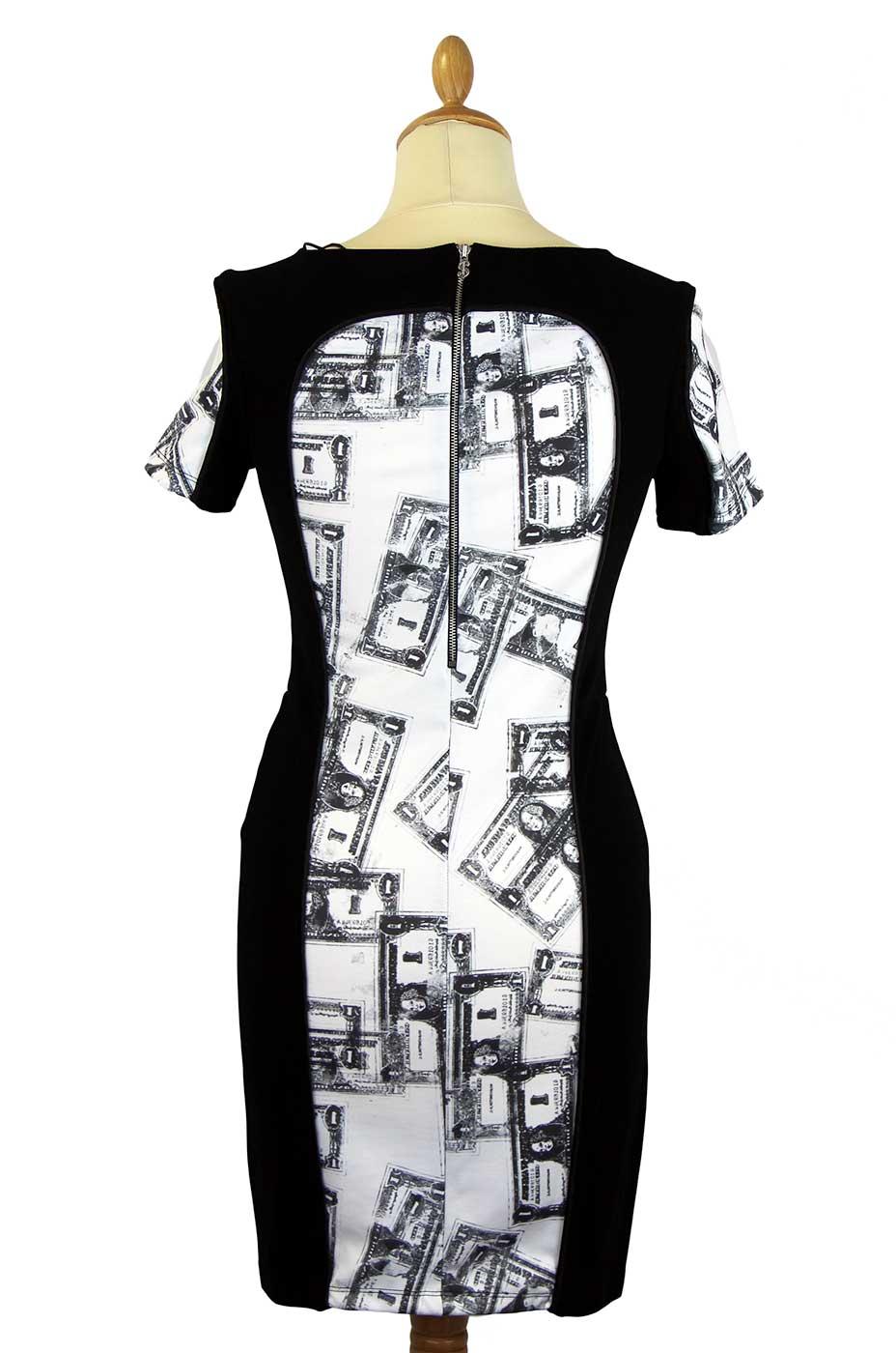 Andy Warhol Patsy Retro Dollar Print Bodycon Dress in Black/White