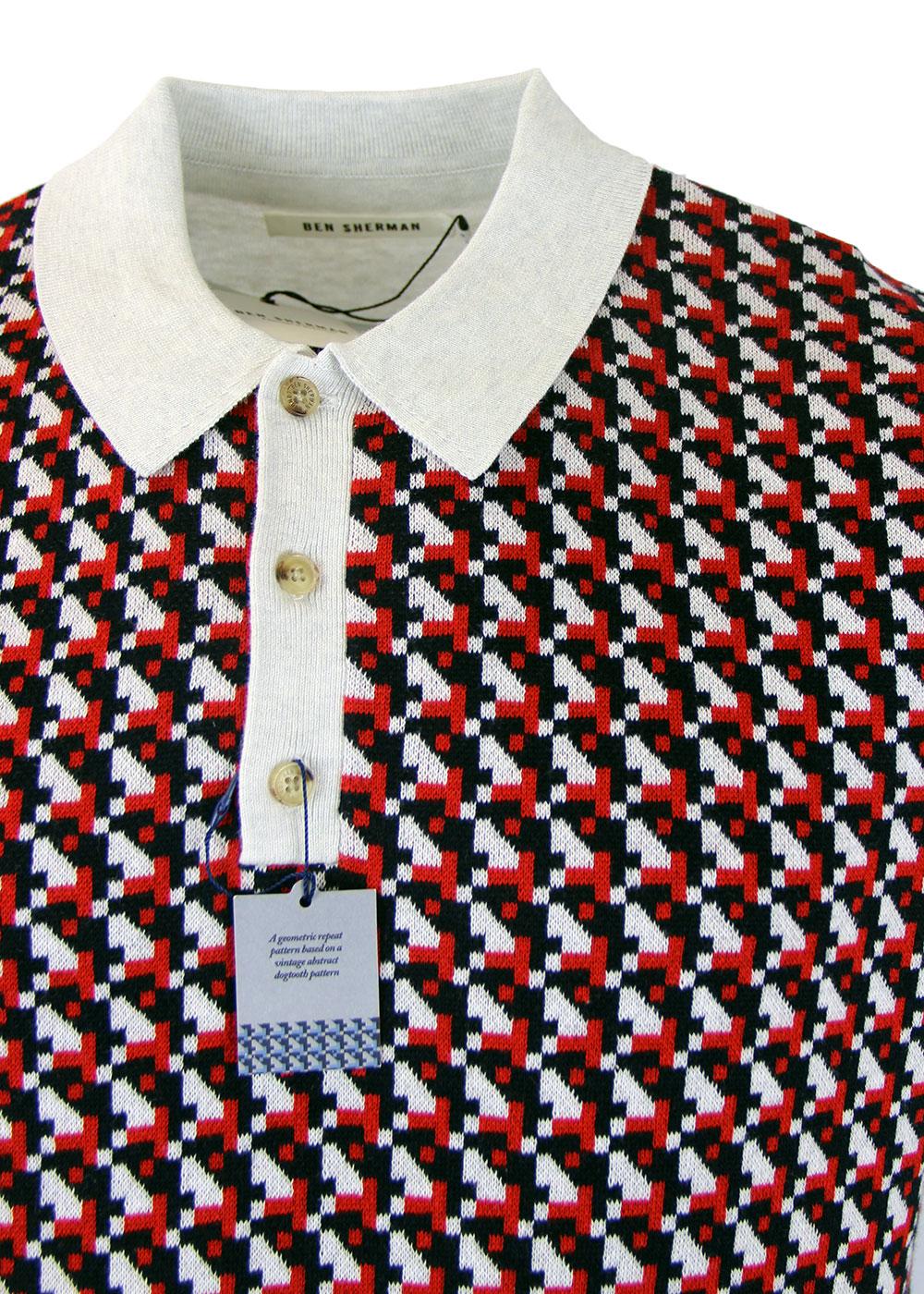 BEN SHERMAN Retro 60s Mod Geo Dogtooth Pattern Polo in Off White