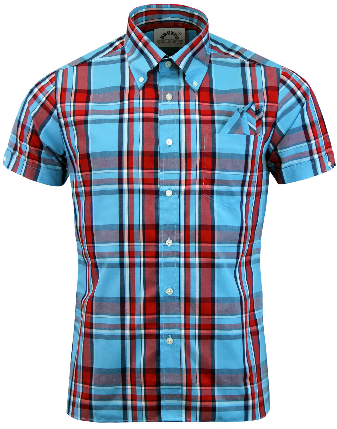 BRUTUS TRIMFIT Mod Button Down Heritage Check Shirt in Light Blue