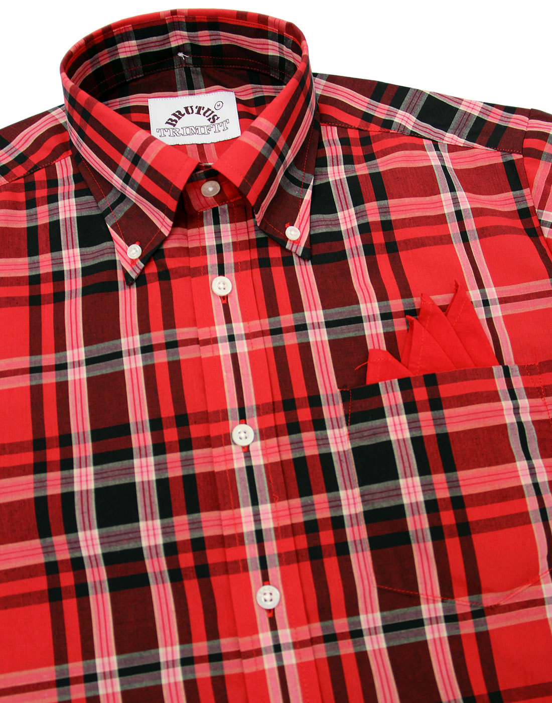 BRUTUS TRIMFIT Men's Retro Mod Heritage Red Tartan Check Shirt