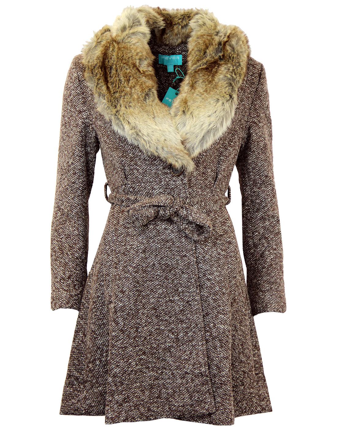 FEVER Manhattan Retro 60s Faux Fur Collar Belted Tweed Coat Brown