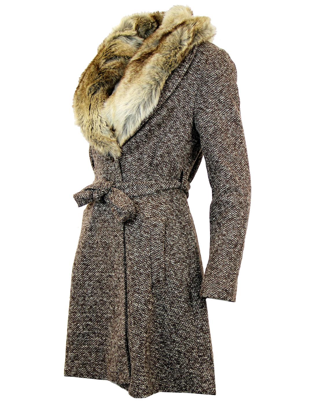 FEVER Manhattan Retro 60s Faux Fur Collar Belted Tweed Coat Brown