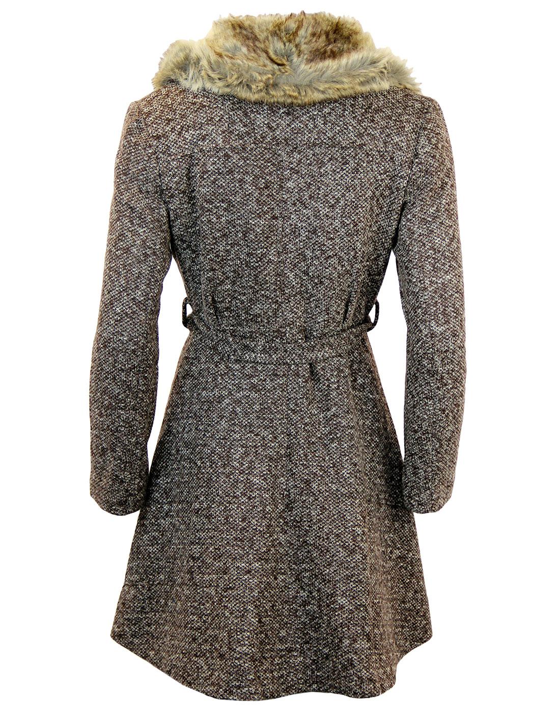 FEVER Manhattan Retro 60s Faux Fur Collar Belted Tweed Coat Brown
