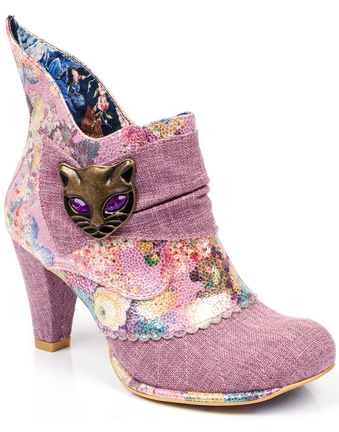 IRREGULAR CHOICE Miaow Retro 60s Fabric Cat Shoe Boots Lavender