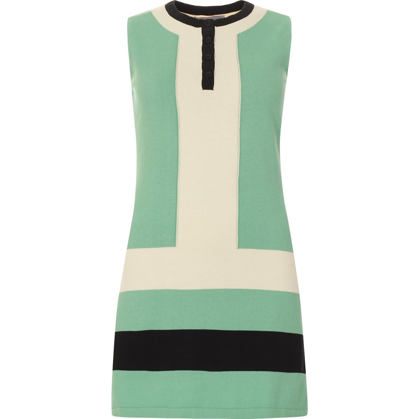 Madcap England Retro Mod 1960s Knitted Panel Henley Dress in Katydid Green