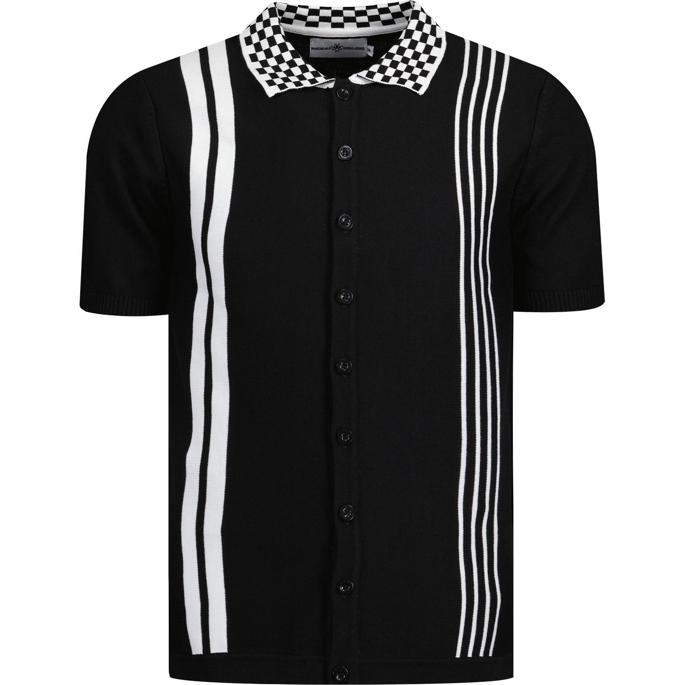madcap england mens charlie checkerboard collar button through polo tshirt black white