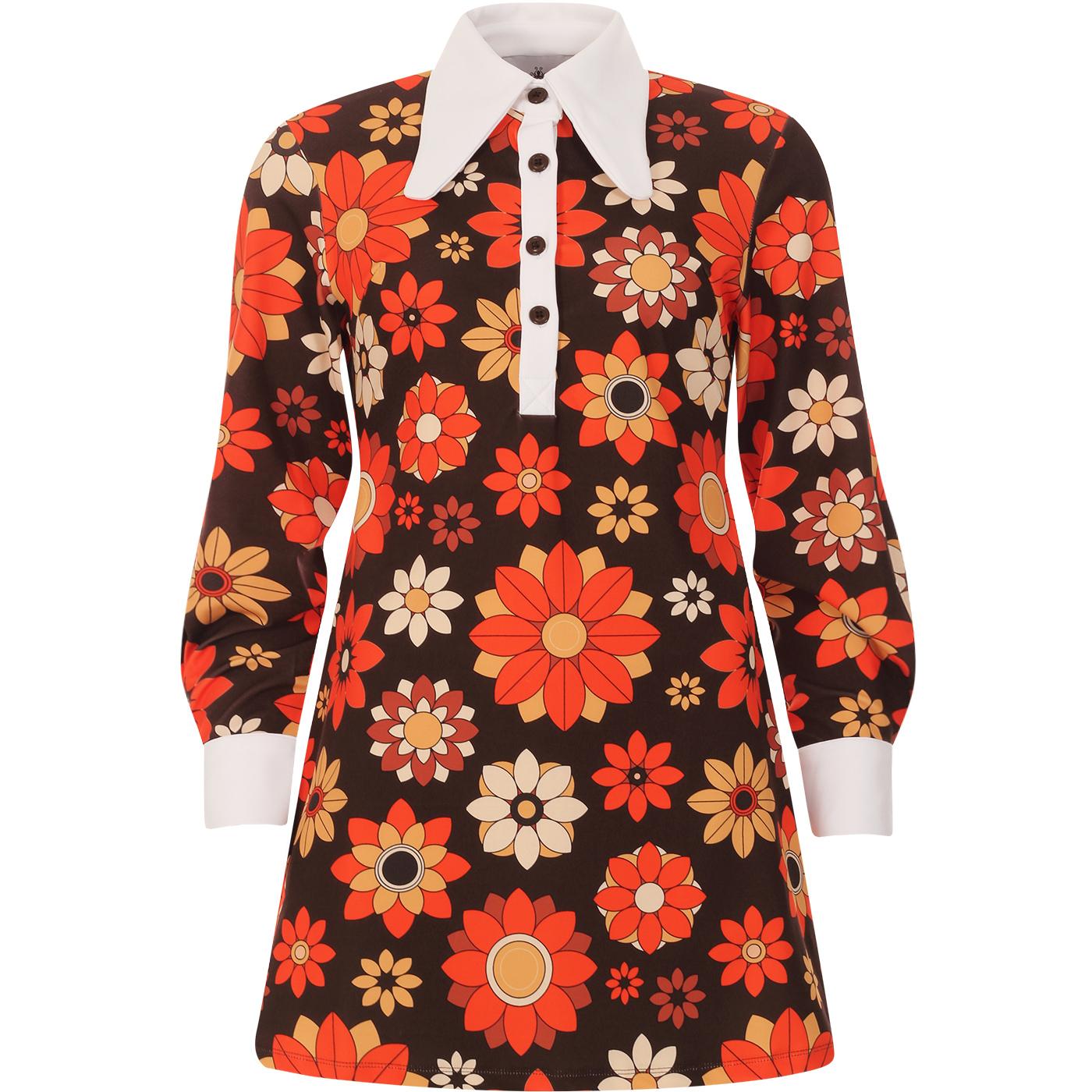 madcap england womens 60s bold floral pattern contrast collar daydream dress brown orange