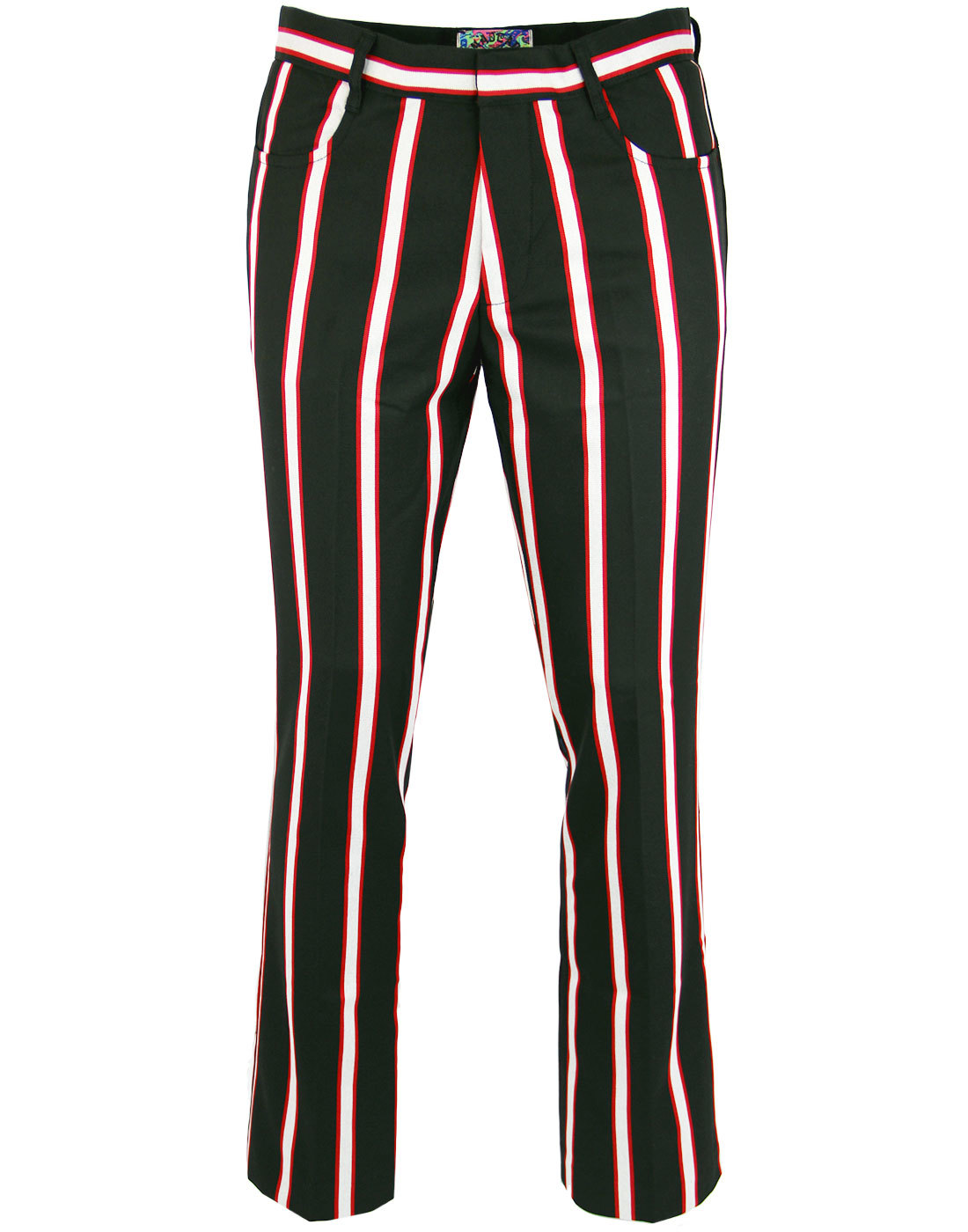 red and black striped trousers