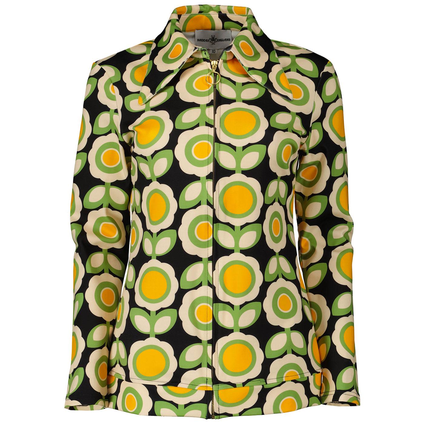 Madcap England Women's Retro 1970s Dagger Collar Zip Through Shirt in Daydream Green Daisy print