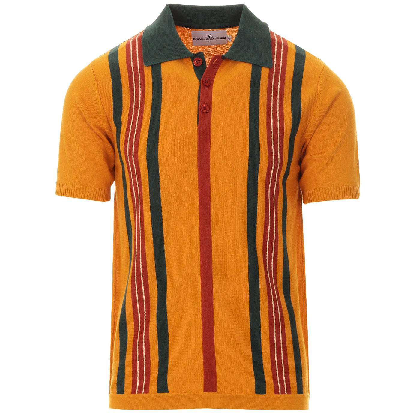 Madcap England Farlowe 60s Mod Knitted Stripe Polo Shirt in Golden Orange