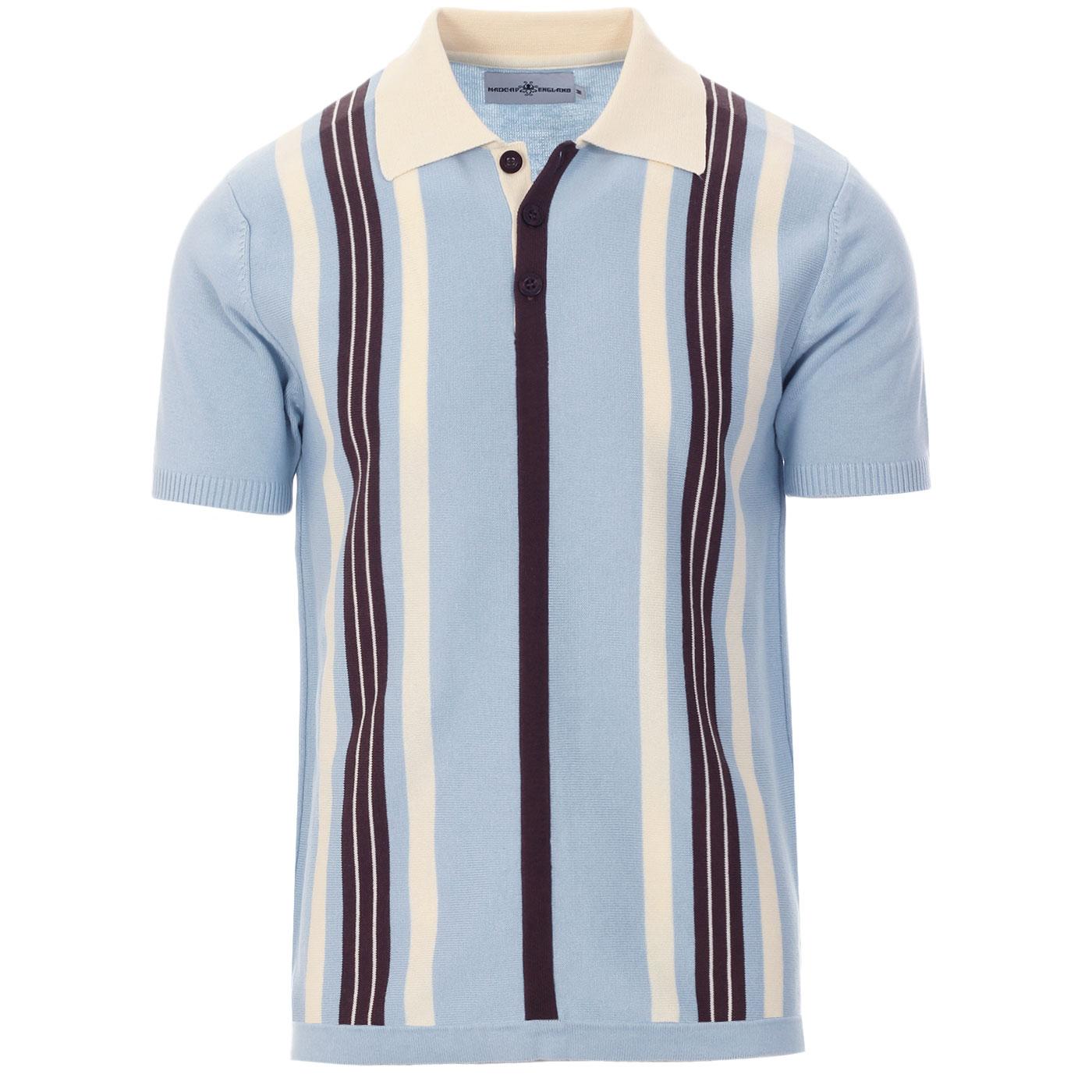 Madcap England Farlowe 60s Mod Knitted Stripe Polo Shirt in Winter Sky