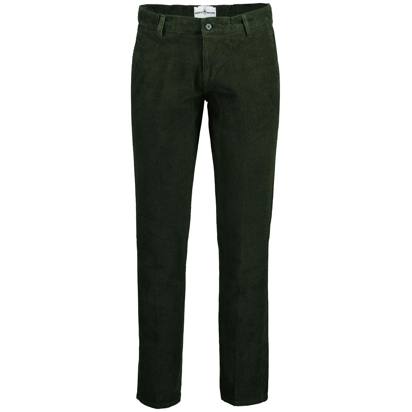 Madcap England Psycho Retro Mod Slim Cord Trousers in Green Forest
