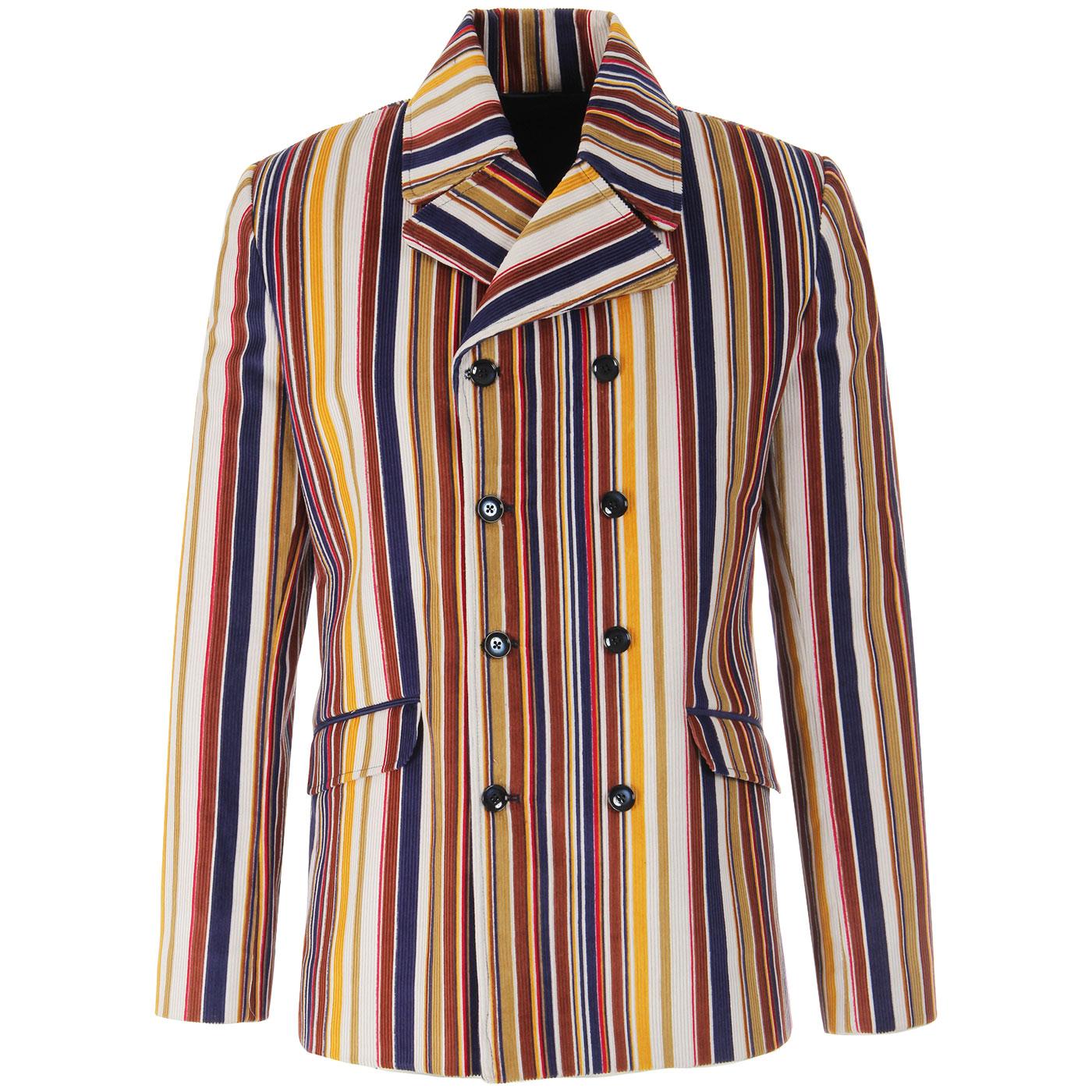 Madcap England Rare Breed Stripe 1960s Mod Double Breasted Blazer Jacket in Stone