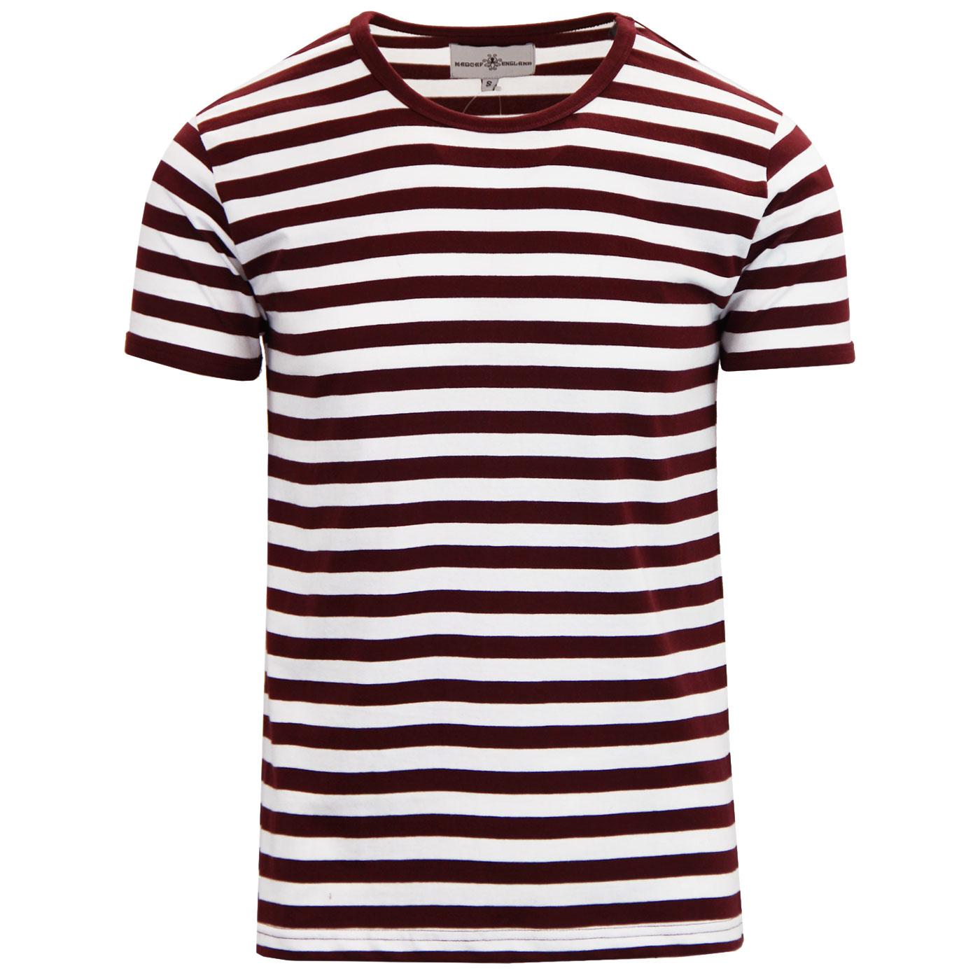Madcap England Retrorocket Men's Retro 1960s Mod Short Sleeve Stripe T-shirt in Zinfandel and White