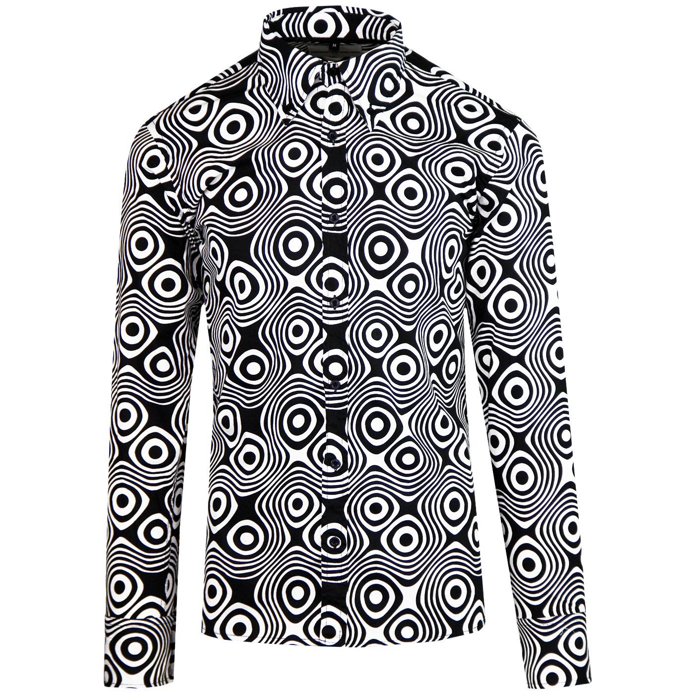 Madcap England Trip Op Art 1960s Psychedelic Mod Button Down Shirt in Black/White
