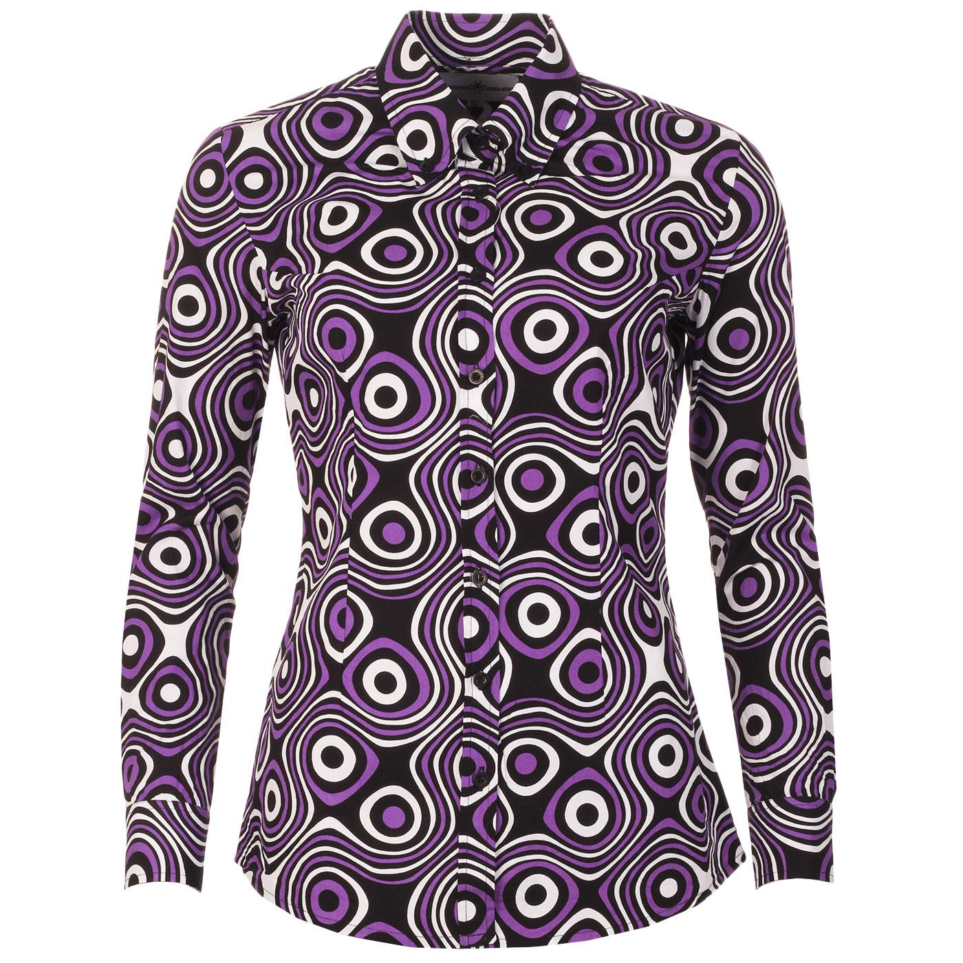 Madcap England Women's 1960s Mod Op Art Button Down Shirt in Royal Lilac