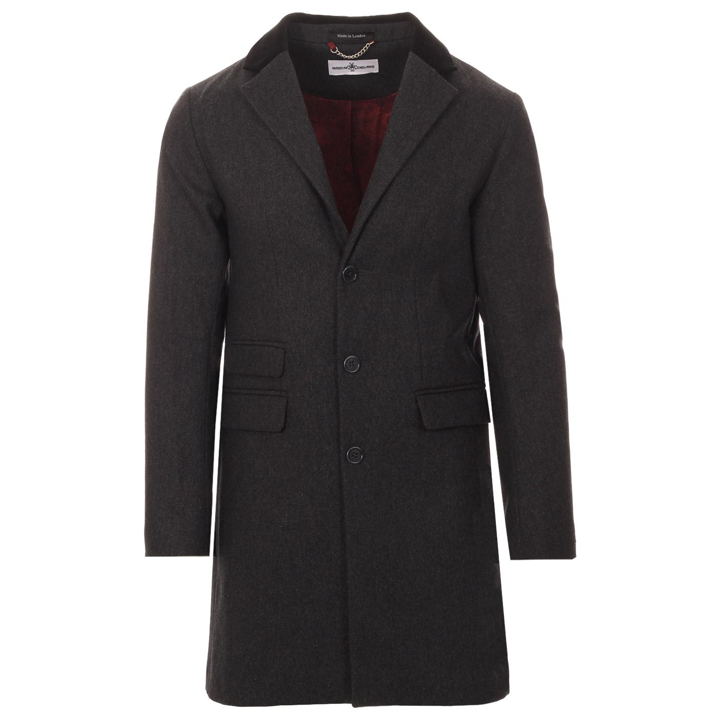 Madcap England 60s Mod Made in England Velvet Collar Wool Overcoat in Grey