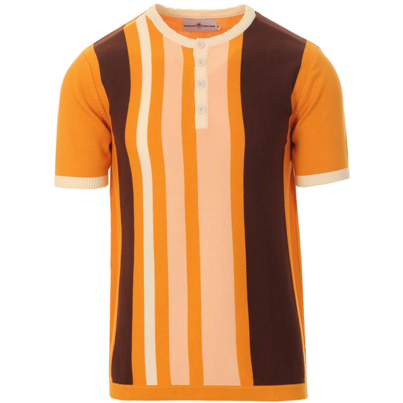 Madcap England Zen 60s Mod Stripe Panel Knitted Polo Shirt in Autumn Blaze