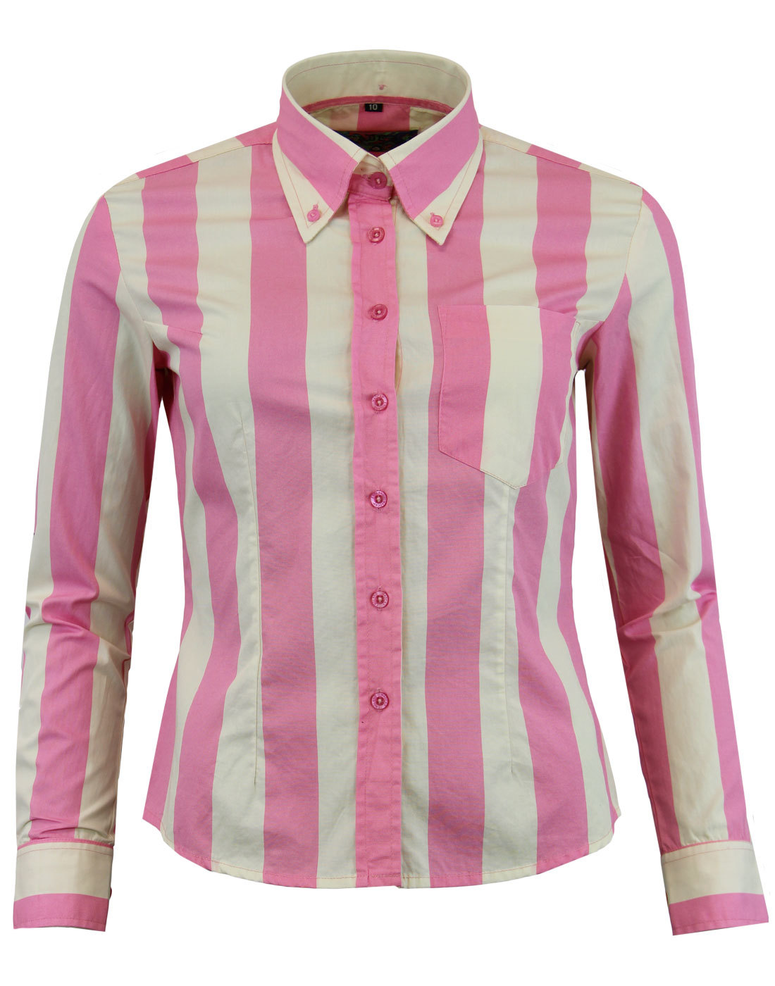 Sunflower' Women's Retro 1960s Mod Roller Candy Stripe Shirt in Pink