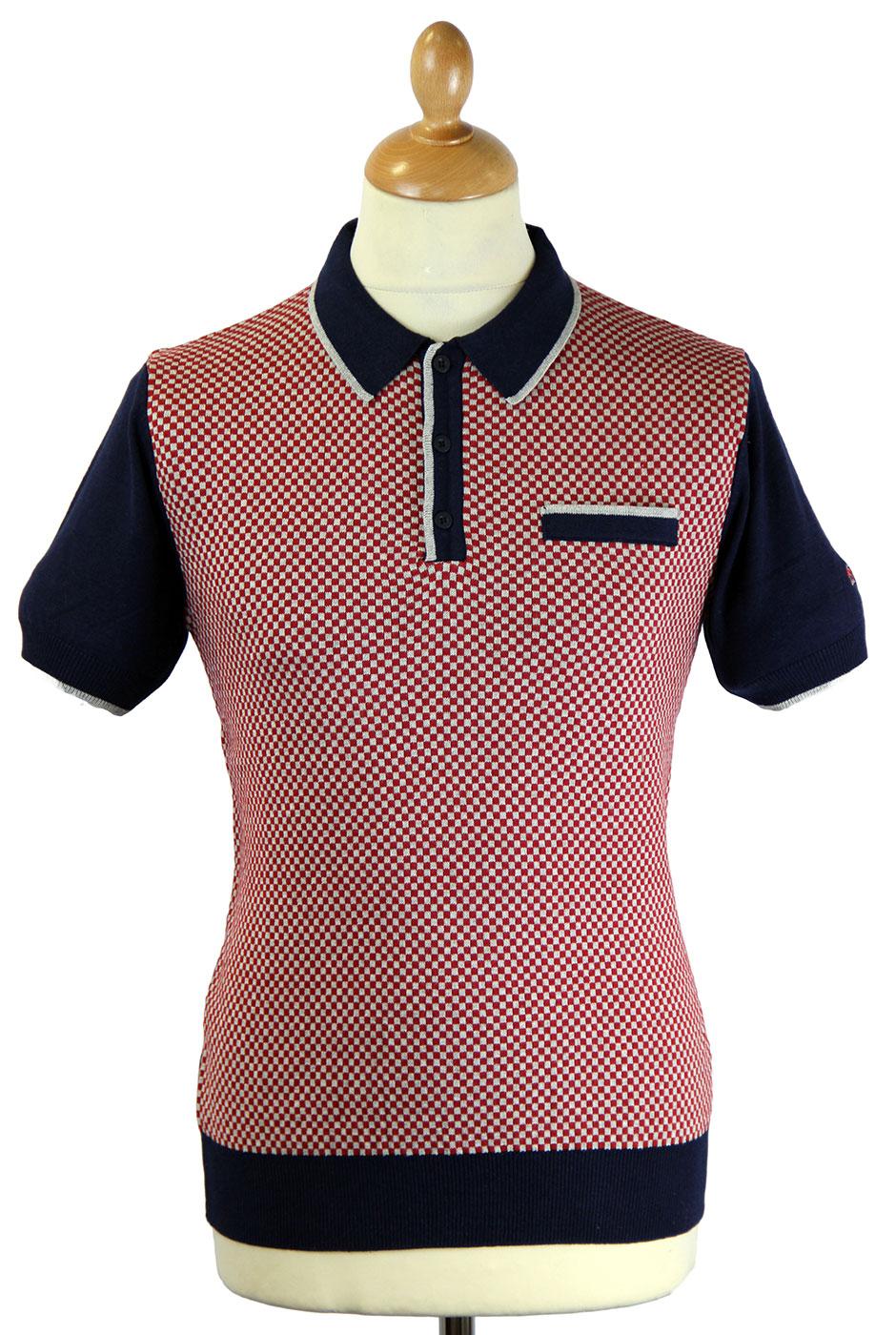 MERC Olsen Retro 60s Mod Checkerboard Knitted Polo Shirt Navy