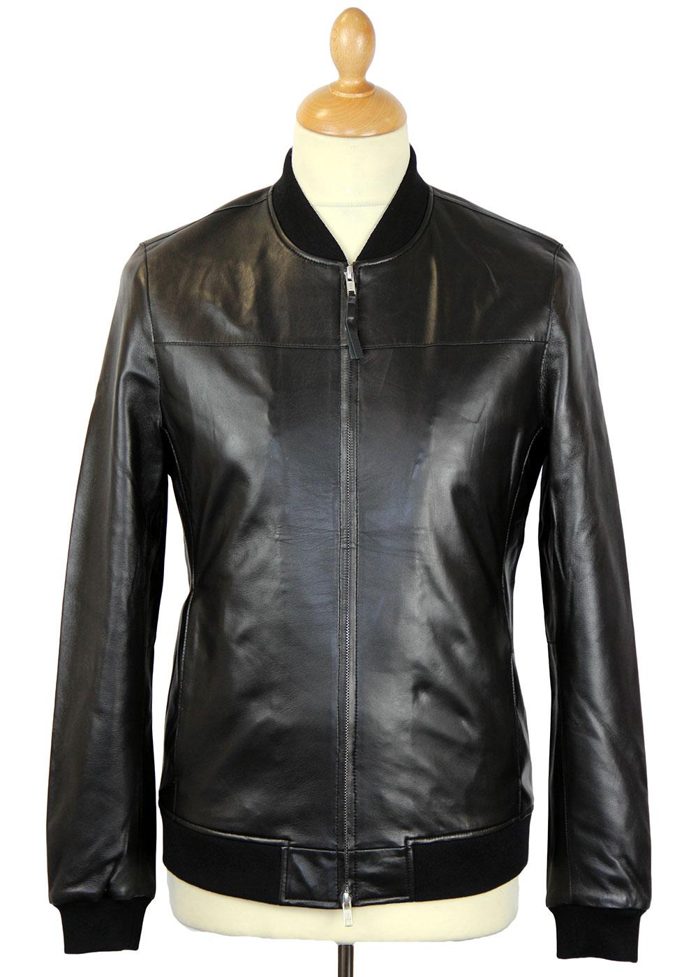 PRETTY GREEN Gaston Retro Indie Leather Bomber Jacket in Black