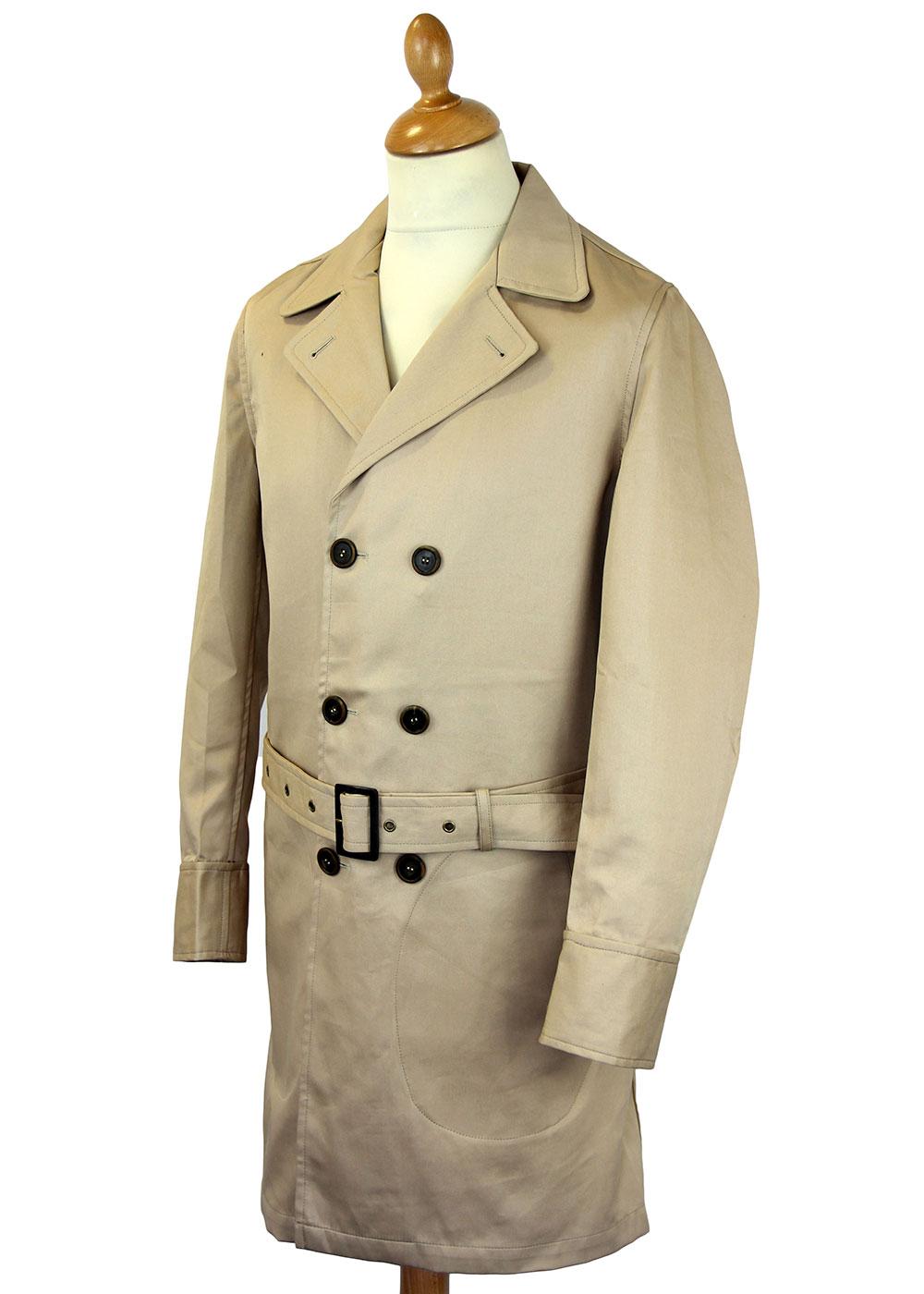 REALM & EMPIRE Retro 60s Mod Belted Officer Trench Coat in Beige