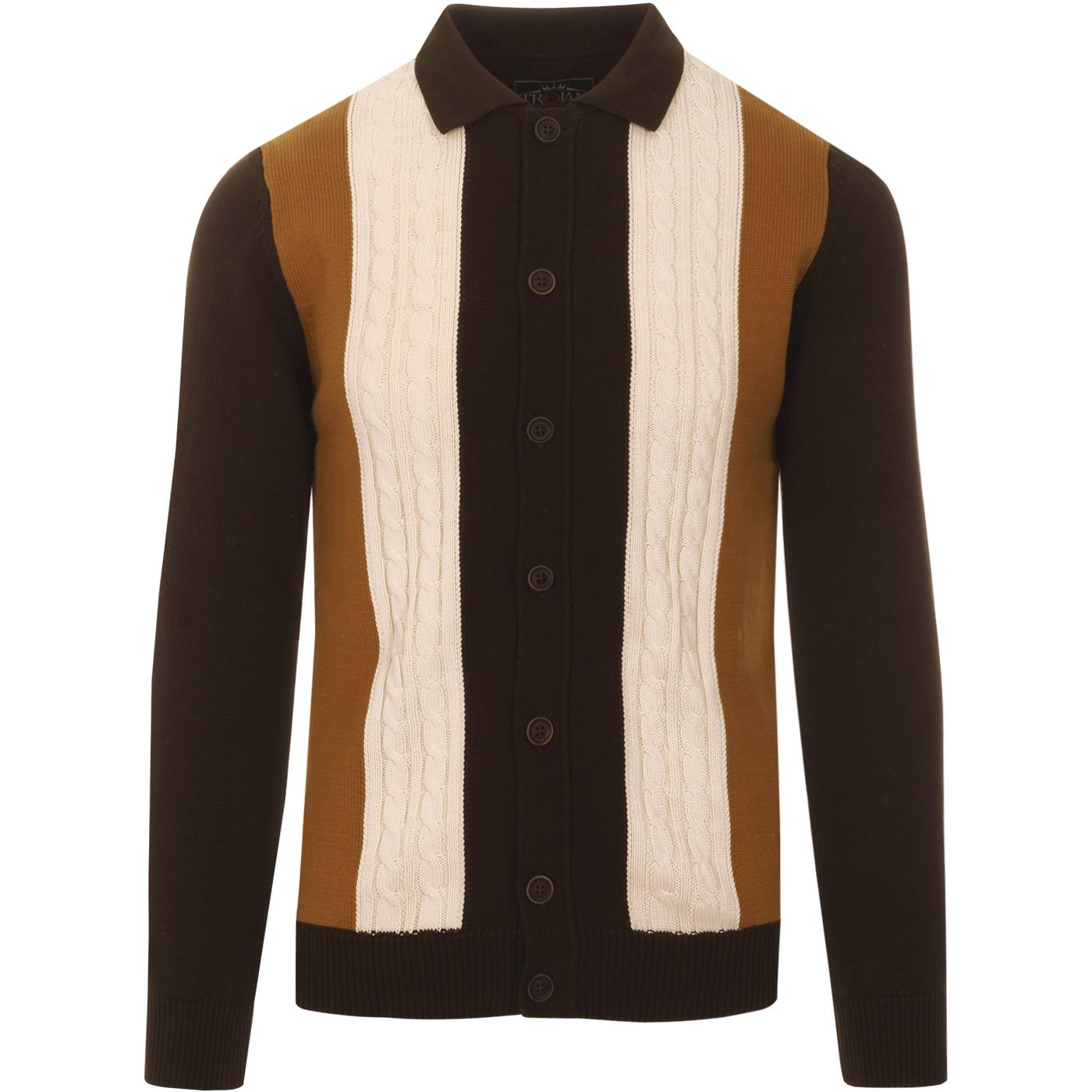 TROJAN RECORDS 60s Mod Cable Knit Polo Cardigan Brown
