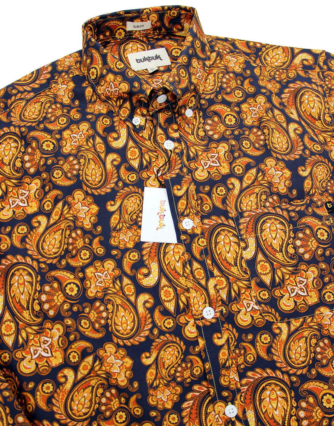 TUKTUK Retro 60s Mod Button Dow Psychedelic Paisley Shirt in Blue