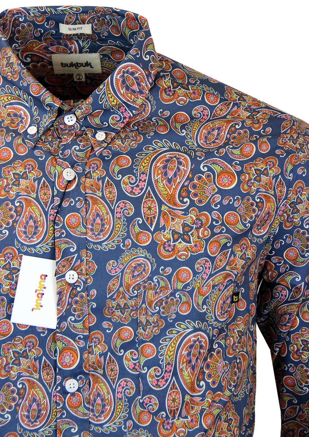 TUKTUK Retro 1960s Mod Floral Psychedelic Paisley Shirt in Blue