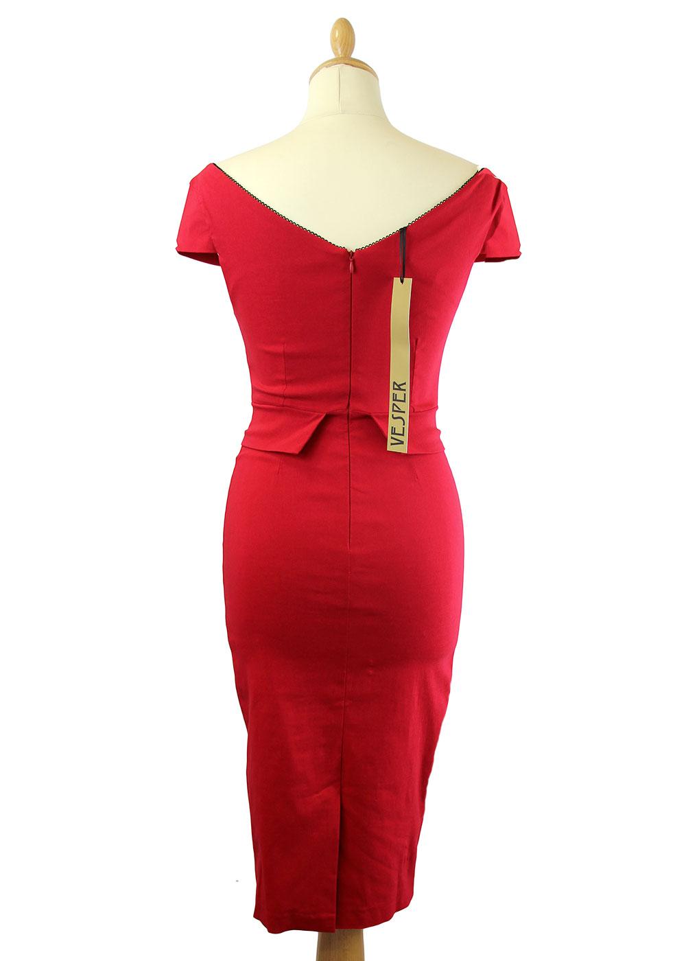 VESPER Phoebe Retro 60s Mod Bodycon Pencil Dress in Red