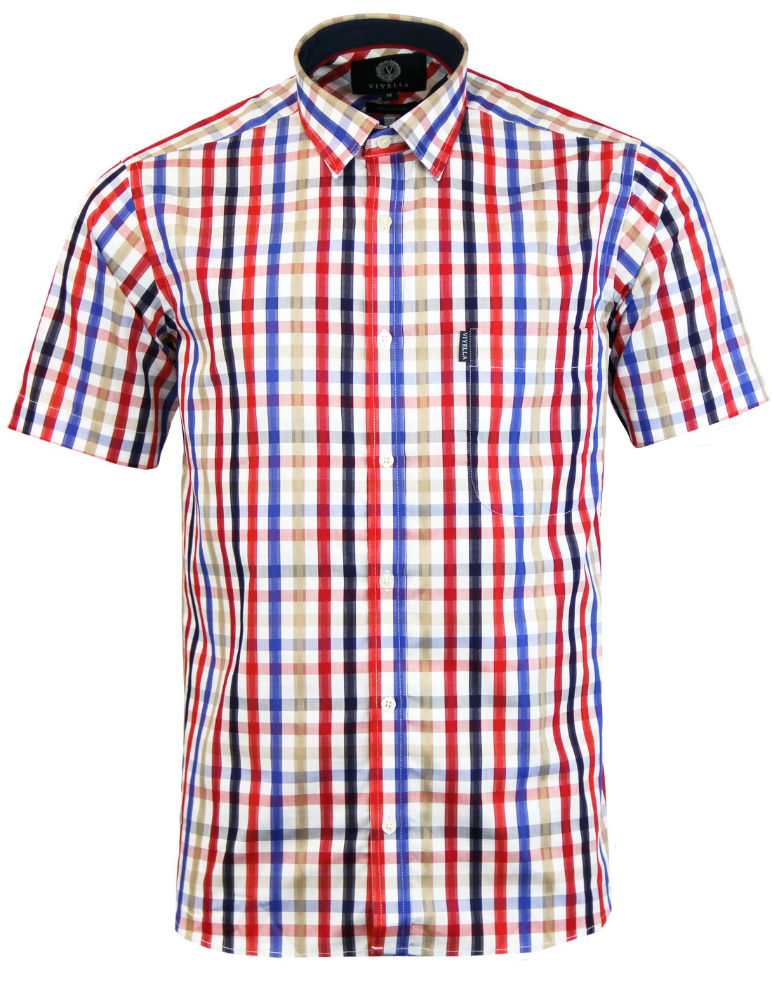 VIYELLA Men's Retro 1960s Mod Satin Check Short Sleeve Shirt Red