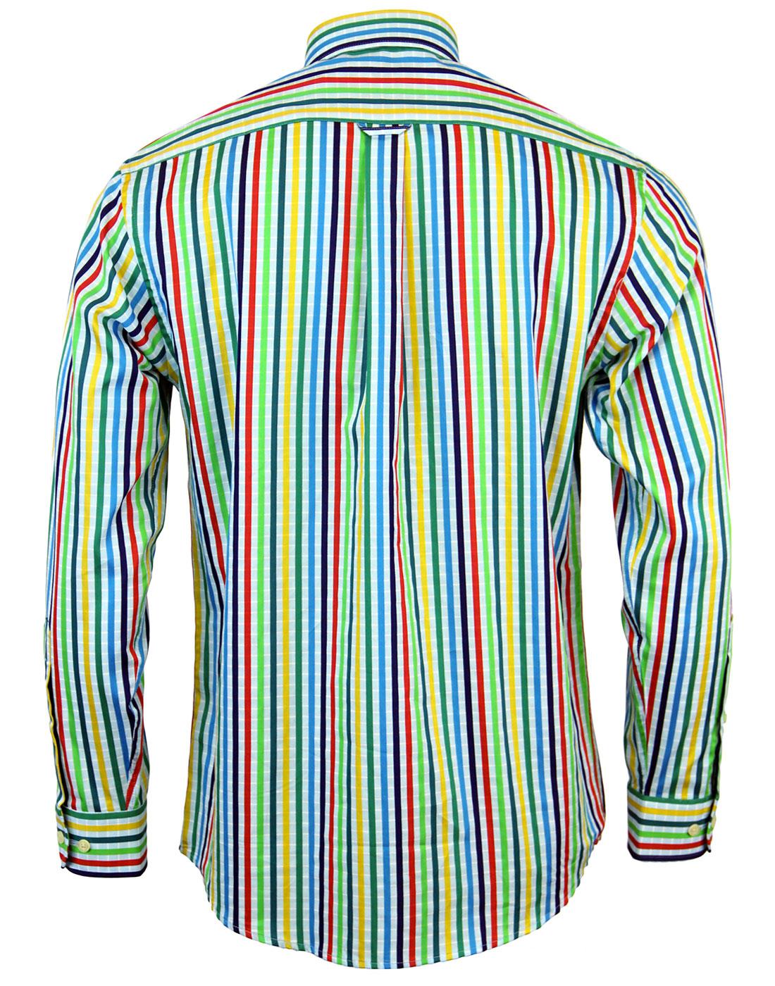 VIYELLA Retro 1960s Mod Multi Stripe Check Button Down Shirt Blue
