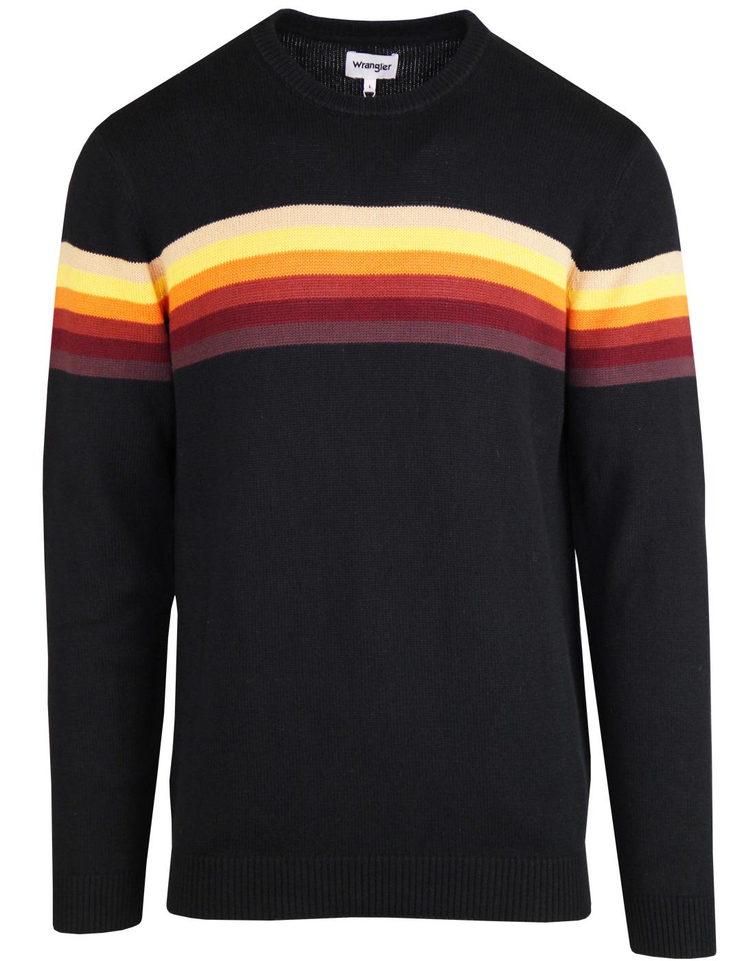 WRANGLER Retro 1970s Rainbow Stripe Knitted Jumper in Black