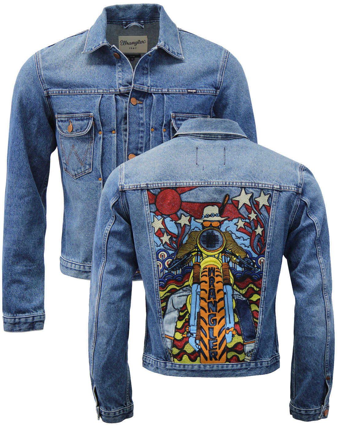 WRANGLER Luke McLean Retro 70s Psychedelic Biker Denim Jacket