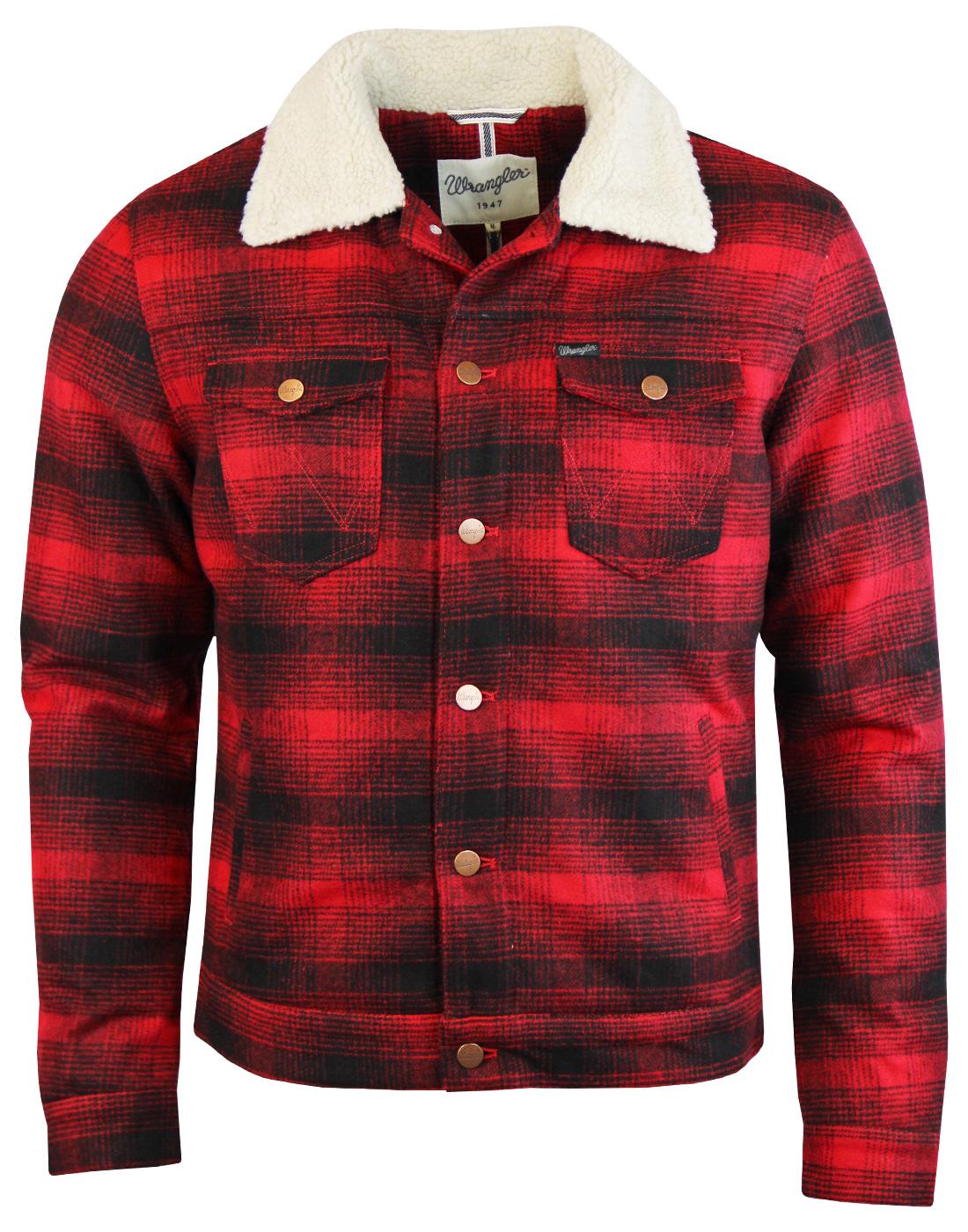WRANGLER Men's Retro Mod Wool Check Trucker Jacket in Red