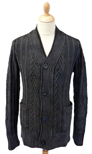 50% OFF!FLY53 'CARNAGE' MENS RETRO INDIE CABLE KNIT MOD CARDIGAN (Blac